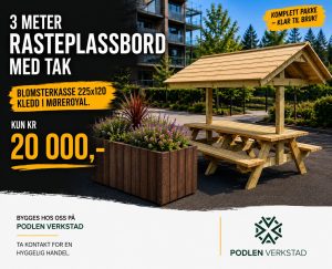 Pakketilbud Rasteplassbord med tak og flott blomsterkasse