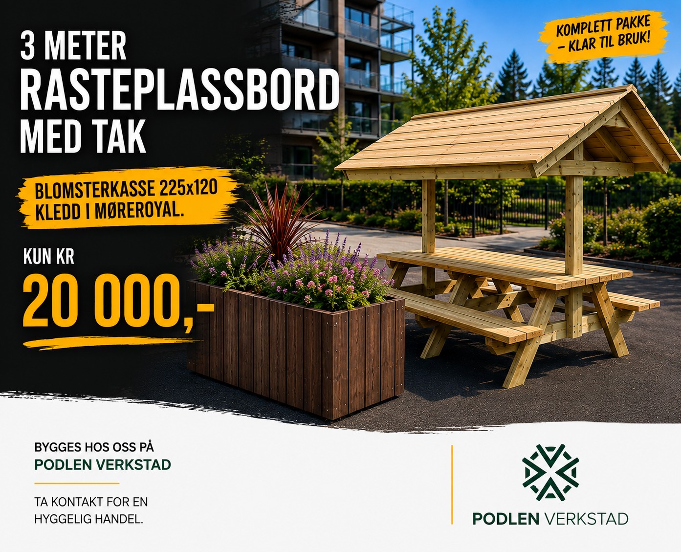 Pakketilbud Rasteplassbord med tak og flott blomsterkasse